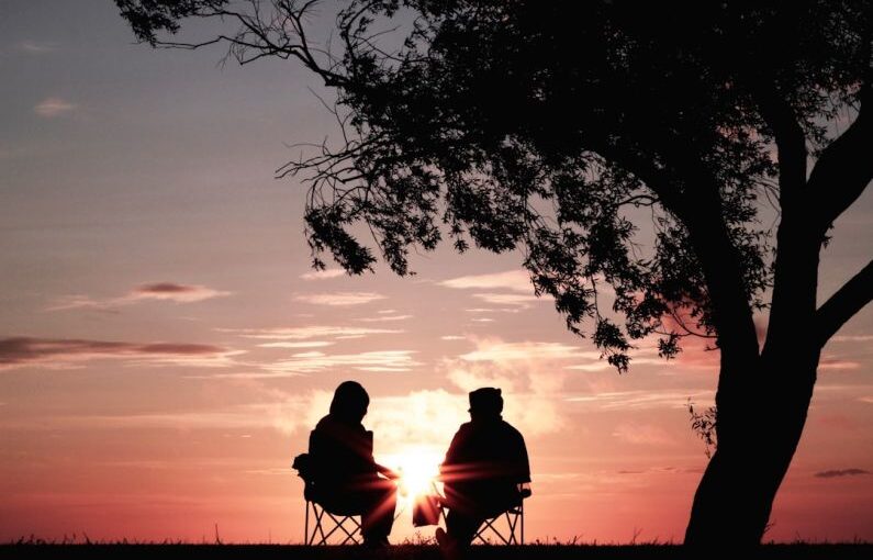 Mature Tree - silhouette of two person sitting on chair near tree
